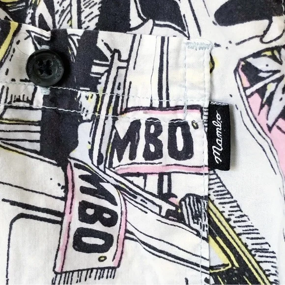 MAMBO Mens Size L Black White Cotton Button Down Short Sleeve Shirt Quirky Beach - Picture 6 of 10